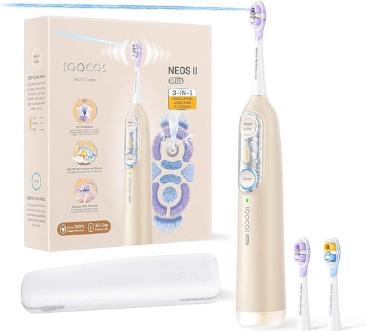 Soocas NEOS II Ultra – Electric Toothbrush with Water Flosser Combo, 3-in-1: Flosses, Vibrates and Oscillates, Flossing Toothbrush for Adults, Cordless Water Flosser for Travel, Champagne Gold