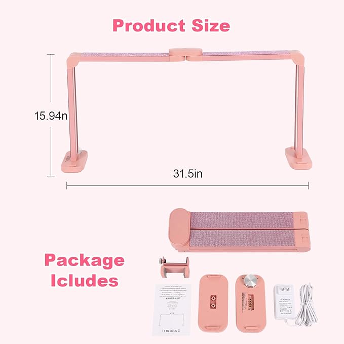 34in Half Moon Light for Nail Desk, Foldable LED Lamp for Nail Art, Tattooing, Craft Making, Stepless Dimming, 3000-6000K Color Temperature Adjustment, 456 Light Beads, Pink with Diamond