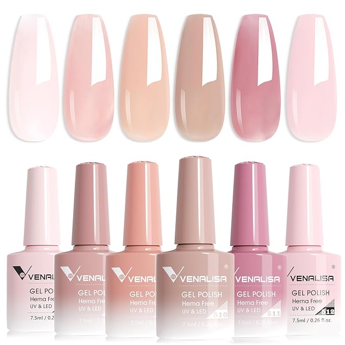 VENALISA Jelly Gel Nail Polish Set of 6 Colors Sheer Nude Pink Gel Polish Kit Neutral Skin Tone Transparent Soak Off UV Gel Salon Nail Art DIY at Home Manicure