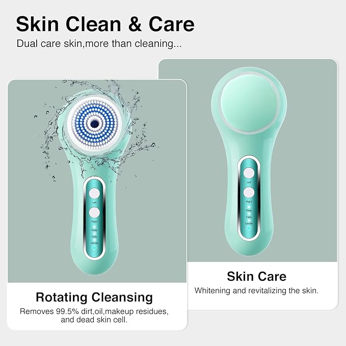 Face Scrubber Exfoliator, Rechargeable Facial Cleansing Brush with 2-Way Rotation & 3 Modes, 30-Day Runtime, 5 Brush Heads for SPA-Level Care, IPX7 Waterproof, Deep Cleaning for All Skin Types