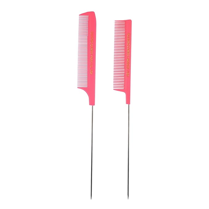 Allegro XL Pintail Rat Tail Parting Combs - Metal Tail Foiling Pin Combs for Stitch Braids - 2 Pc. (Neon Pink)
