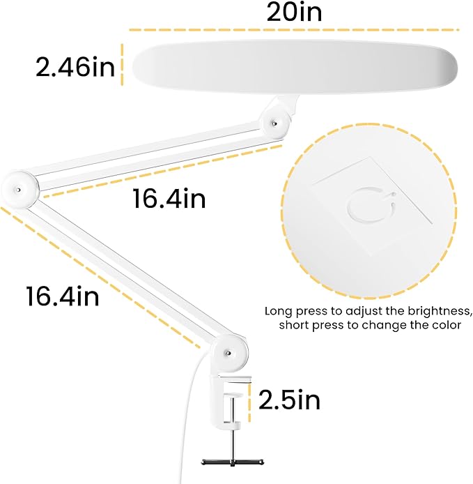 3000 Lumens Adjustable LED Desk Lamp & Task Lamp - Bright, Dimmable Lighting for Office, Crafts, Nails &Salon Hobbies with Clamp (CCT, White)