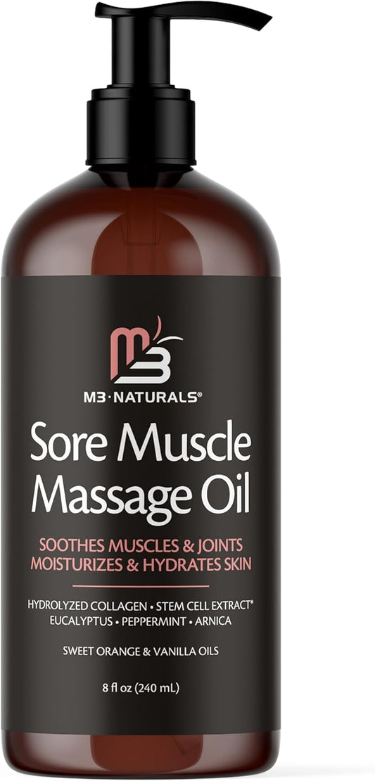 Arnica Sore Muscle Massage Oil with Collagen, Stem Cells, and Menthol, Anti-Cellulite Therapy for Full Body, Fast-Absorbing Multipurpose Treatment, 8 fl oz by M3 Naturals