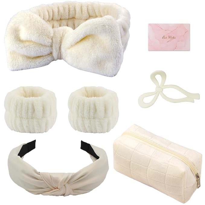 Skincare Face Wash Spa Headband and Wristband Set Top Knotted Headbands Big Hair Claw Clips Butterfly Hair Accessories Quilted Makeup Bag Blank Cards Gifts for Women and Teen Girl Gifts Trendy Stuff