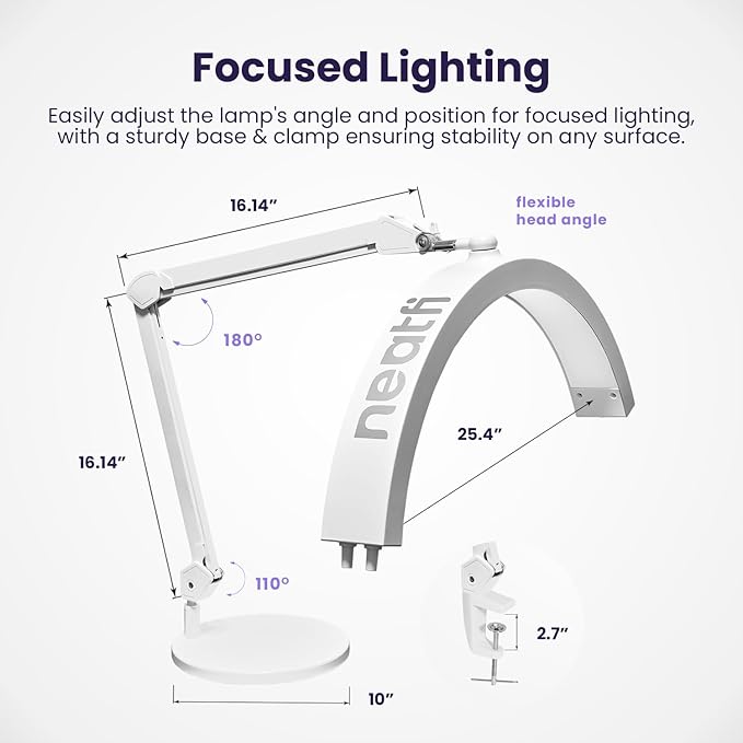 Neatfi Half Moon Swing Arm Table Lamp, 2500 Lumens, CCT Dimming, 5 Light Modes, Professional LED Lighting for Estheticians, Ideal for Nail Art, Facials, and Tattoos (with Base and Clamp, White)