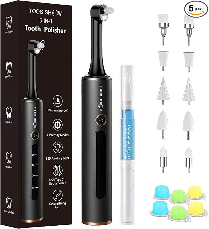 Tooth Polisher Kit with 4 Speed Modes, 5 Brush Heads, 6 Polishing Pastes & Desensitizing Gel,Rechargeable Electric Tooth Polishing Tool with LED Light & Travel Case, Home Use Teeth Whitening Cleaner