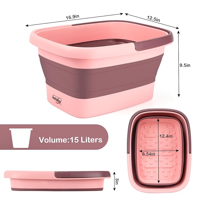 Foot Bath Collapsible Foot Soak Tub,Beinilai Collapsible Foot Bath Basin,Multifunction Plastic Basin with Handles,Foot Tub for Soaking Feet-Pink