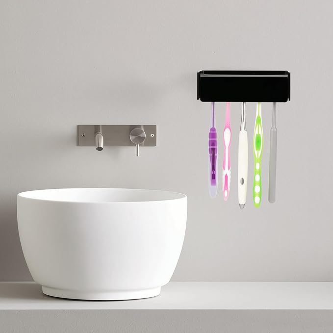 5 Slots Wall Mount Toothbrush Holder with Cover, Self Adhesive Toothbrush Storage Organizer for Shower, Toothbrush Hanger for Bathroom, Medicine Cabinet, Dorm (Black)