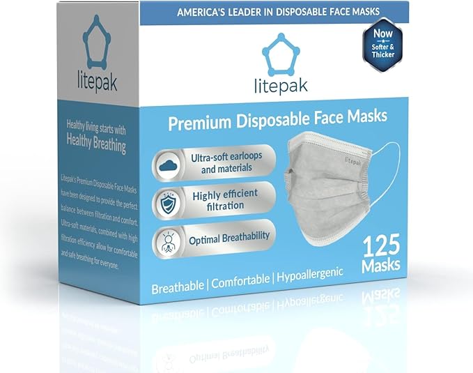 Litepak 125-Pack Disposable Face Mask Premium Comfort Earloops with Dispenser Box (Gray)