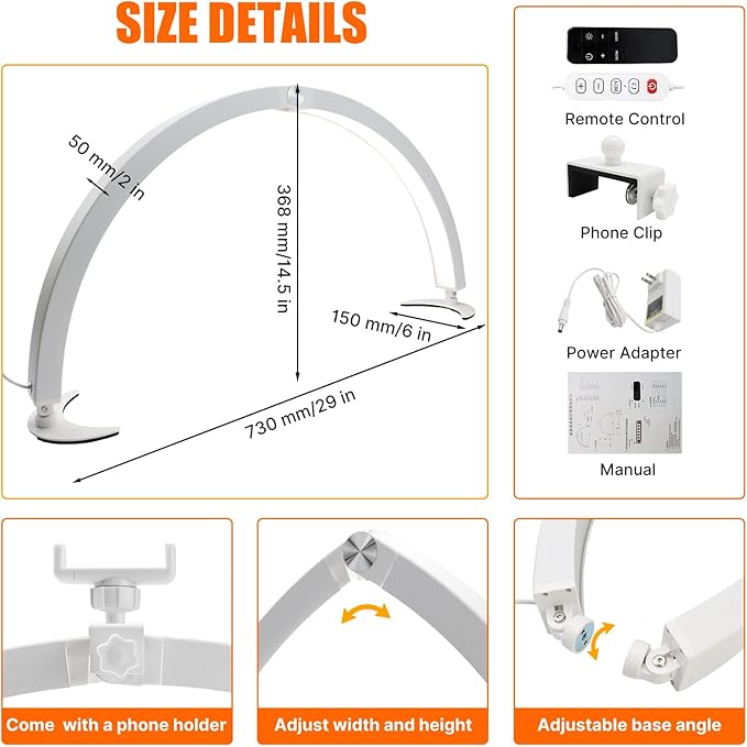 iMeshbean 29in Large Foldable Half Moon Light for Nail Desk with Phone Stand, 7 Color Temperature (3200K-5600K) & 10 Adjustable Brightness, 40W Nail Desk Lamp, Salon, Eyelash, Makeup, Tattoo