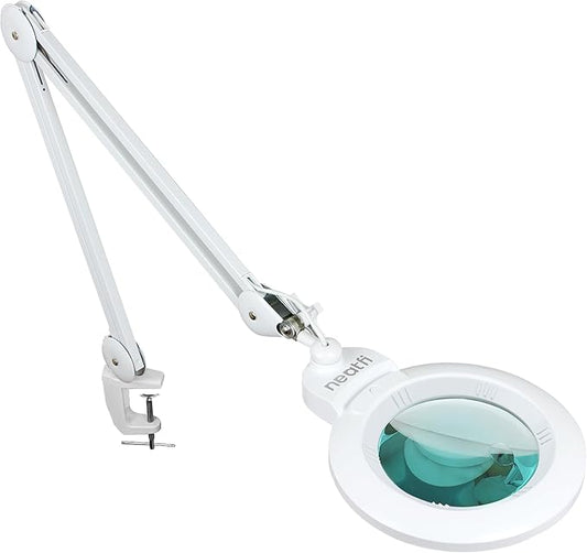 Neatfi XL Bifocal LED Magnifying Lamp, 7-Inch Lens, 5D/20D Magnification, Hands-Free, Dimmable, 84 SMD LED, Adjustable Arm for Crafts, Reading, Close Work (White, Glass Lens with Clamp)