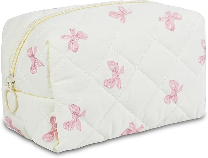 Quilted Makeup Pouch,Cotton Puffy Makeup Bag, Coquette Cosmetic Bag for Women and Girls, Aesthetic Organizer Bag, Cute Flower Travel Toiletry Bag