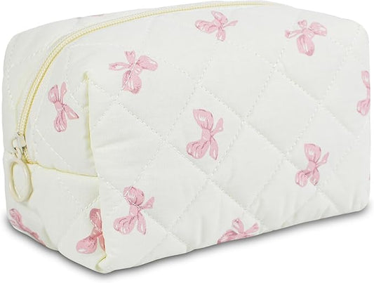 Quilted Makeup Pouch,Cotton Puffy Makeup Bag, Coquette Cosmetic Bag for Women and Girls, Aesthetic Organizer Bag, Cute Flower Travel Toiletry Bag