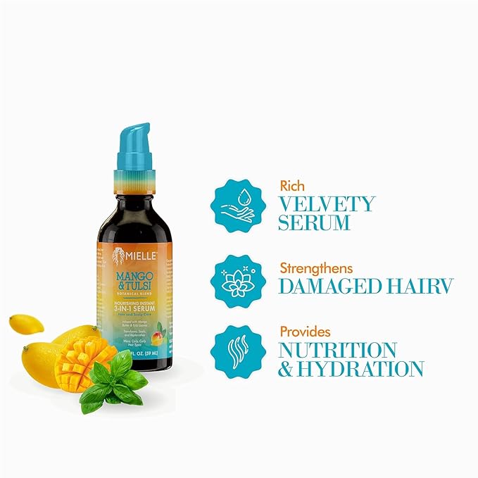 Mielle Organics Mango & Tulsi Nourishing 3-in-1 Hair Serum - Hair & Scalp Serum for Frizz Control, Split Ends & Moisture Balance - Strengthens & Seals Cuticles with Nutrients (12 Fl Oz)