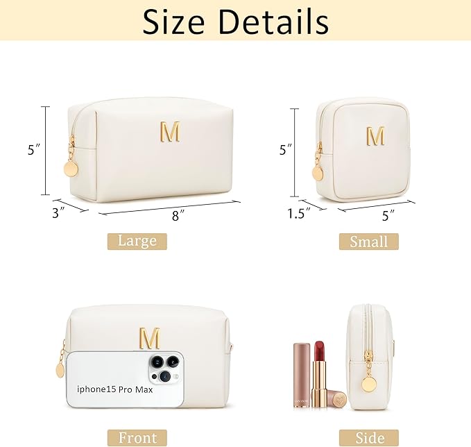 Personalized Christmas Gifts for Women - Initial Makeup Bag Birthday Gifts for Women Travel Toiletry Bag Cosmetic Bags with Soft PU Leather (Beige M)
