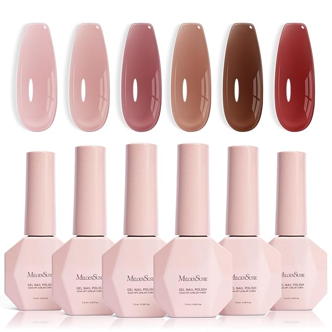 MelodySusie Jelly Gel Nail Polish Set,6 Transparent Colors,Milky or Jelly Texture,Autumn and Winter Dark Colors Soak Off UV LED Light Cure or Salon Manicure and Nail Art DIY at Home