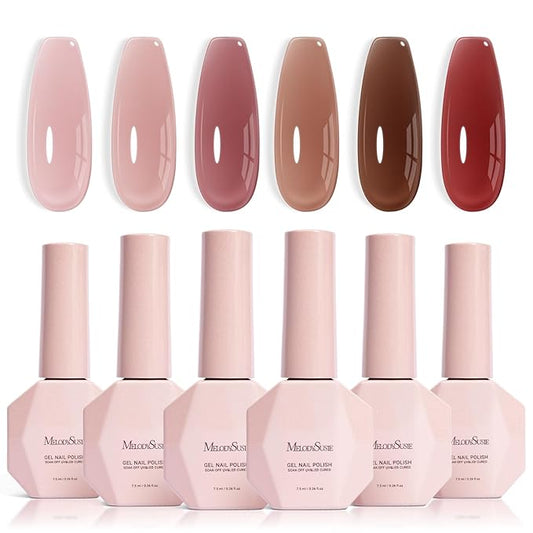 MelodySusie Jelly Gel Nail Polish Set,6 Transparent Colors,Milky or Jelly Texture,Autumn and Winter Dark Colors Soak Off UV LED Light Cure or Salon Manicure and Nail Art DIY at Home
