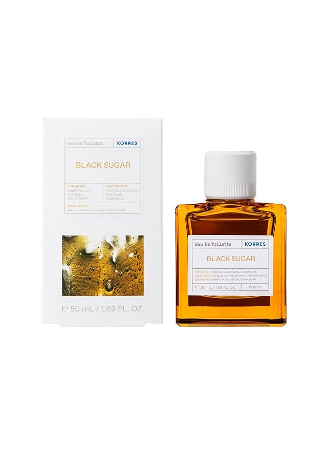 KORRES Eau De Toilette, Black Sugar Fragrance Spray, Unisex Perfume Featuring Oriental Lily, Caramel, Heliotrope, Rose, Brazilian Rosewood, Amber, Vanilla, Tonka, Ambery Floral Scent, 1.69 Fl Oz