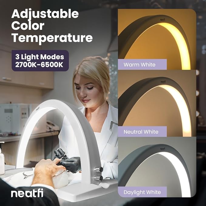 Neatfi LED Half Moon Table Lamp for Nail Tech, Estheticians, Cosmeticians, 1600 Lumens, 3 Light Modes, Desk Light for Manicure Art, Facial Treatments, Threading, Tattoo Applications (Modern, White)