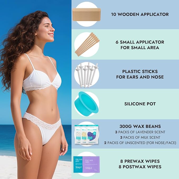 Digital Waxing Kit for Women & Men - 8 Packs Lavender & Milk Hard Wax Beans with Fast-Melting Silicone and Pre/Post Care Wipes - A