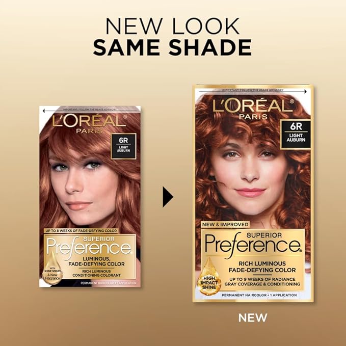 L'Oreal Paris Superior Preference Luminous Fade-Defying Permanent Hair Color, Hair Dye For Up to 9 Weeks of Radiance, Light Auburn 6R, 1 Hair Dye Kit