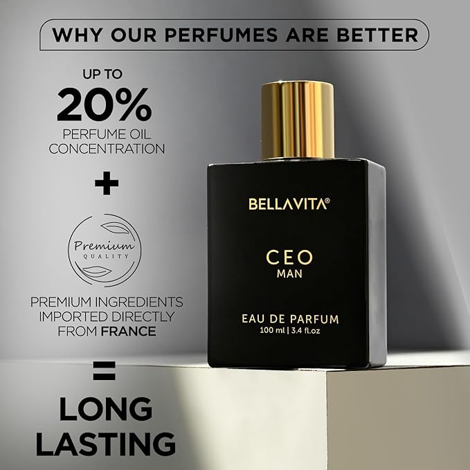 BellaVita Luxury CEO Man Perfume for Men (3.38 fl.oz) | Long-Lasting Men's Perfume with Lemon, Lavender, Tonka Vetiver & Moss Fragrance for Man | CEO Parfum for Men | Vegan & Cruelty-Free Fragrance