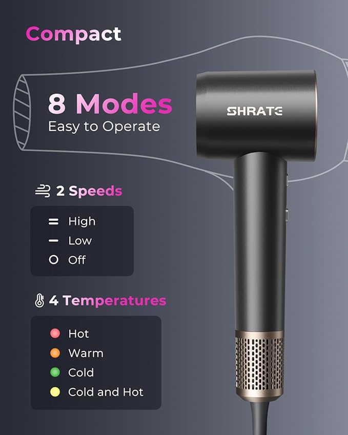 SHRATE Professional High Speed Ionic Hair Dryer | Ultra-Fast Drying | 500 Million Negative Ions | Low Noise | 160000 RPM | Compact Blow Dryer with Magnetic Diffuser for Faster Drying All Hair Types