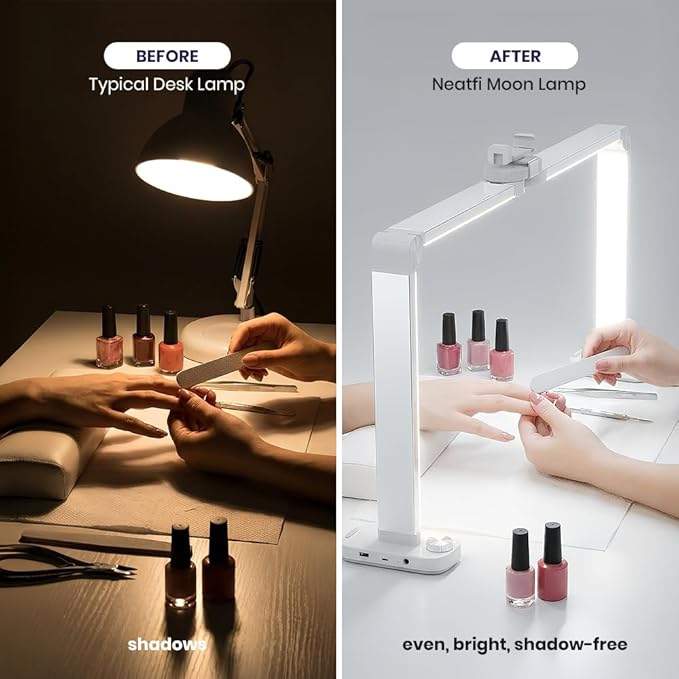 Neatfi LED Nail Tech Light, Desk Lamp for Nail Techs, Estheticians, Manicures, Facials, Threading, 40W, 3500 Lumens, Knob Control, Lampara para Mesa De Manicurista (with Charging Port, White)