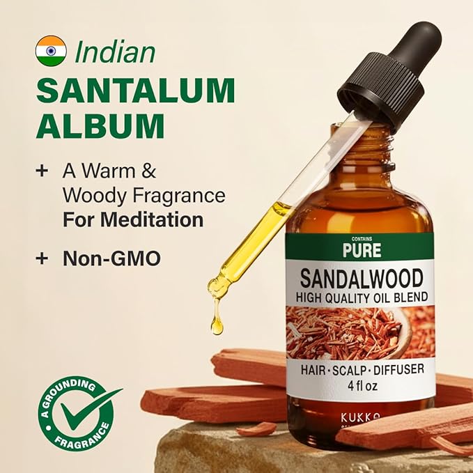KUKKA Sandalwood Essential Oils - 4 Fl Oz - for Hair, Skin, Diffuser, Aromatherapy & DIY Soap Making Scent