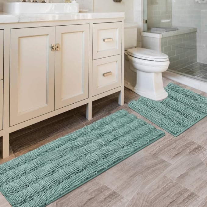 H.VERSAILTEX Bathroom Rugs Bath Rug Set 2 Piece Bathroom Contour Rug Toilet Mat Sets Non Slip Contour Bath Rug Ultra Thick Water Absorbent Striped Bath Mats(47" x 17" Plus 20" x 20" U, Eggshell Blue)