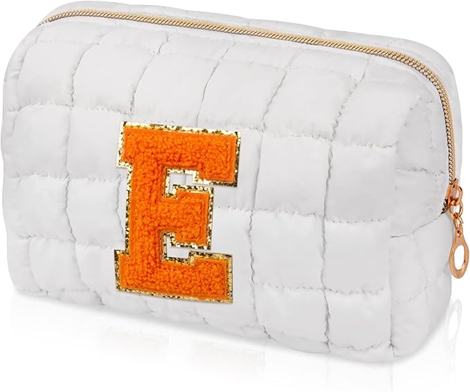 Initial Checkered Makeup Bag, Large Quilted Cosmetic Bag, Cute Make up Pouch for Purse, Travel Toiletry Storage Bag for Women Preppy Teen Girls Gift Trendy Stuff Gift (White E)