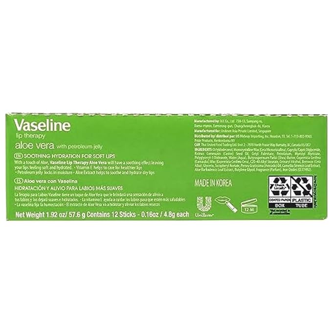 Vaseline Lip w/o Backer Card Aloe - 12 pack box