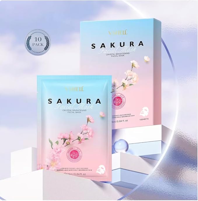 Brightening Face Sheet Mask, Set of 10 - Japanese Hydrating Beauty Skincare with Sakura Extract for Women and Men - Moisturising Anti Aging Facial Treatment - Ideal for Sensitive Skin