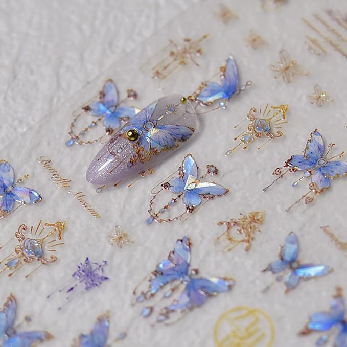 Butterfly Nail Art Stickers Decals 5D Butterfly Nail Stickers Blue Seashell Shinny Butterfly Nails Design 5D Embossed Nail Decals Butterfly Stickers for Women Girl DIY Manicure Nail Art Decorations