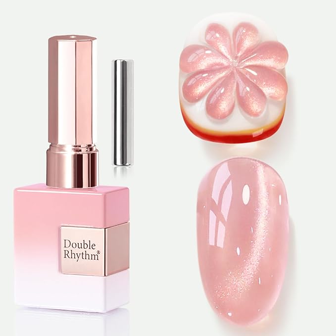 Double Rhythm 0.5 OZ Cat Eye Gel Polish with Magnet 15ML Holographic Glitter Shimmer Translucent Jelly Color Magnetic Nail Polish Salon DIY at Home (Fruit Nude Pink-MC1204)