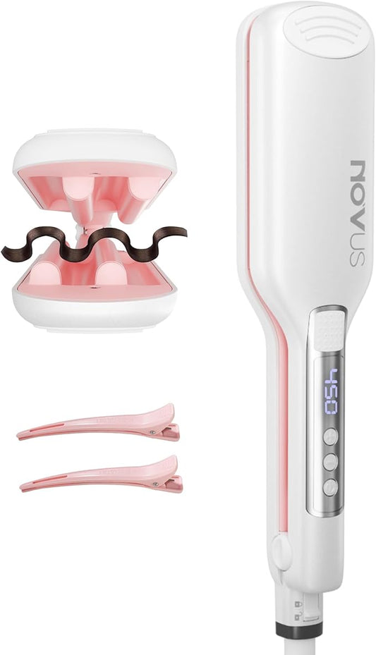 NOVUS Hair Crimper Waves and 4-Barrel Wave Curling Iron, Shallow Wave Hair Curlers Hot Tool with Ceramic, 0.6 Inch Beach Waves Curling Wand, Hair-Type Adjustable Heat
