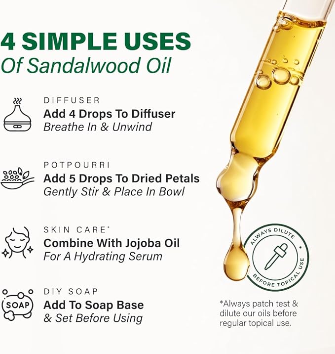 KUKKA Sandalwood Essential Oils - 4 Fl Oz - for Hair, Skin, Diffuser, Aromatherapy & DIY Soap Making Scent