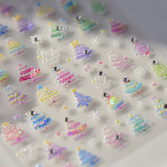 Christmas Nail Art Stickers Decals 5D Daimond Colorful Xmas Tree Nail Decals 1PCS Xmas Tree Snowflake Star Design Christmas Nail Art Supplies Manicure Stickers for Women DIY Nail Decorations