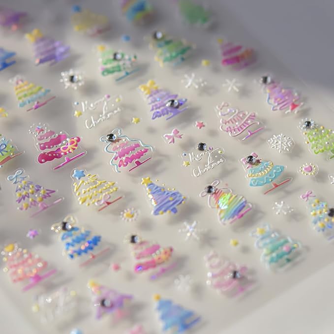 Christmas Nail Art Stickers Decals 5D Daimond Colorful Xmas Tree Nail Decals 1PCS Xmas Tree Snowflake Star Design Christmas Nail Art Supplies Manicure Stickers for Women DIY Nail Decorations