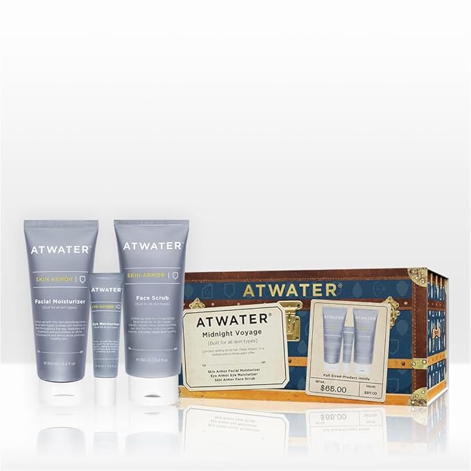 ATWATER Midnight Voyage Holiday 2025 Gift Set – 3-Piece Men’s Skincare Kit with Face Scrub, Eye Cream & Moisturizer, Limited-Edition Skincare Gift Box for Travel & Daily Hydration Routine