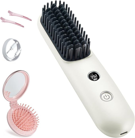 LCD Screen Cordless Hair Straightener Curler 2 in 1, Portable Mini Hair Straightening Brush for Travel Negative Ionic Fast Heating Hot Comb for Women, Folding Brush with Mirror, White