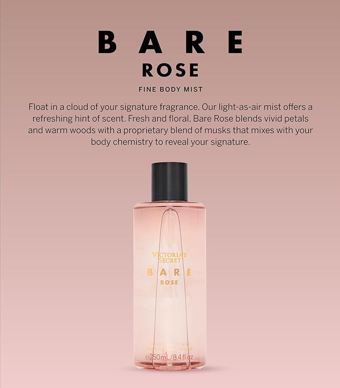 Victoria's Secret Bare Rose Fragrance Mist, Notes of Pear Skin, Rosa Centifolia & Sheer Woods, Body Spray for Women (8.4 oz)