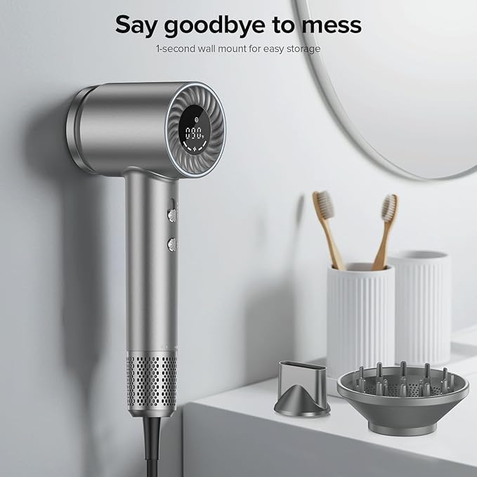 Hair Dryer, 150000 RPM Brushless Motor with 500M Negative Ions, Fast-Dry Lightweight Design, ThermoControl & Magnetic Nozzle/Diffuser, Low Noise Salon Blow Dryer for All Hair, Travel, Home