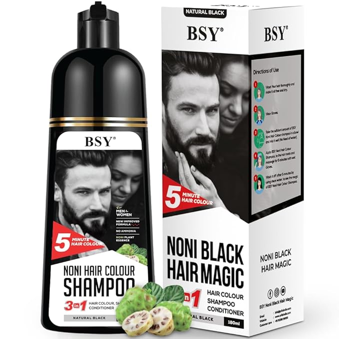 BSY Noni Hair Color Shampoo - 6 fl oz - Pump Pack | No Ammonia | 3 in 1 - Hair Dye Shampoo, Conditioner for Women and Men | Natural Black, Permanent Hair Color for Black Hair