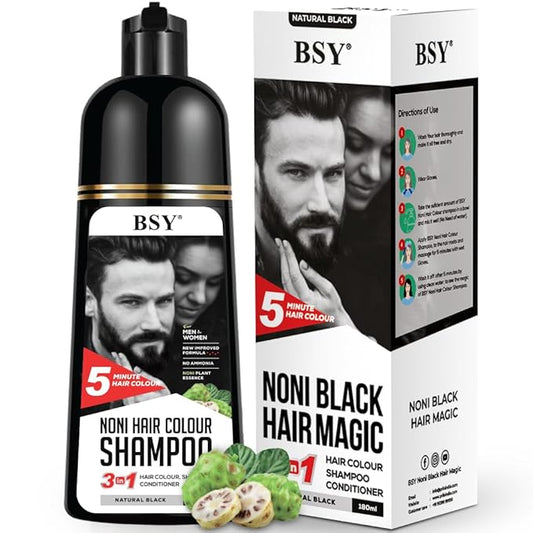 BSY Noni Hair Color Shampoo - 6 fl oz - Pump Pack | No Ammonia | 3 in 1 - Hair Dye Shampoo, Conditioner for Women and Men | Natural Black, Permanent Hair Color for Black Hair
