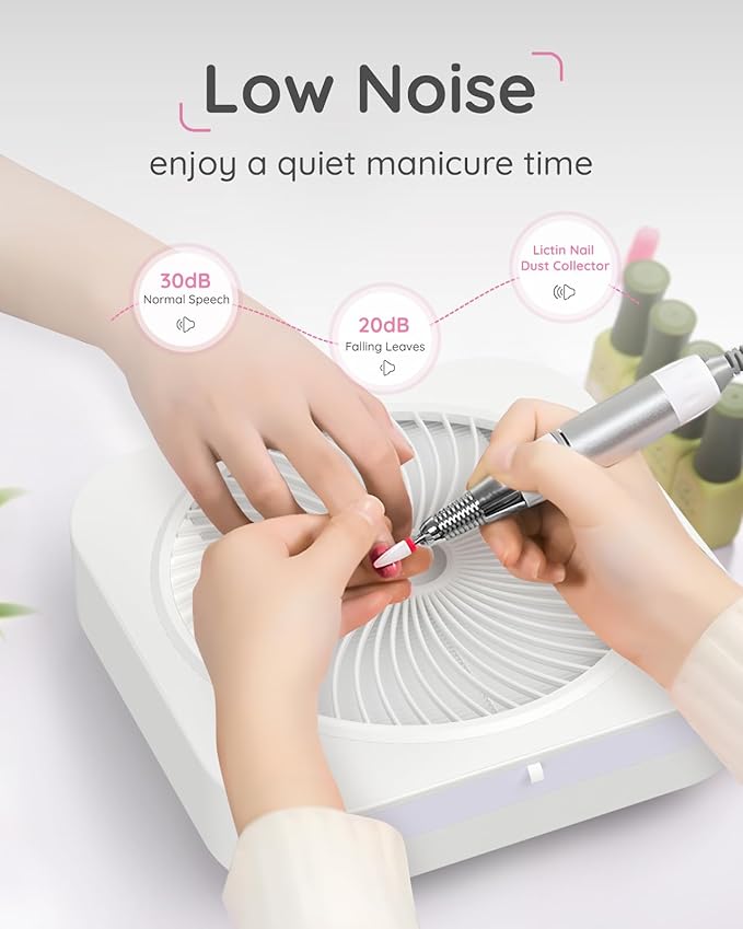 Lictin Nail Dust Collector with Reusable Filter, Adjustable Nail Vacuum Dust Collector Extractor Electric Dust Suction Machine for Acrylic Gel Nail Polishing White