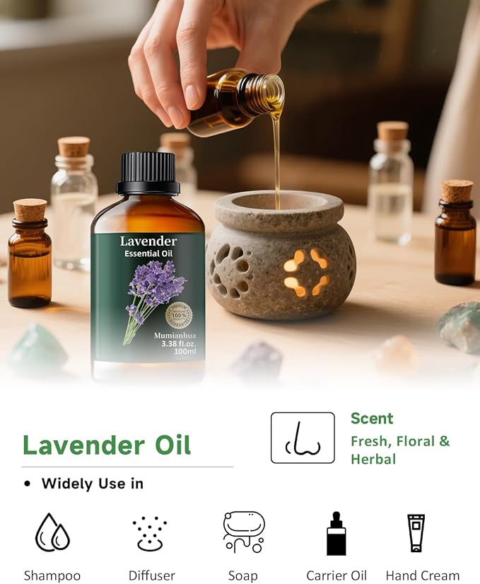 Pure Lavender Essential Oil, Mumianhua Natural Lavender Oil for Reed Diffuser, Laundry, Skin, Hair, Soap, Candles Making, Relaxation,Calming Rituals, Evening Wind-Down, Outdoor Fresh Air 3.38 Fl Oz