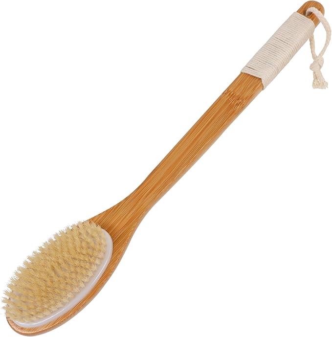 OWIIZI Bath Brush Bamboo Curved Long Handle Antiskid Body Brush for Exfoliating, Natural Bristles Shower Scrubber for Back Use Wet or Dry,Back Scrub Deep Cleanse-17.9inches