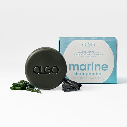 OLGO Marine Shampoo Bar 3.5 oz | Soap-Free Solid Shampoo Bar for Scalp with Cooling | Kelp, Sea Grape, Charcoal with Biotin | Sustainable & Clean- No Sulfates, No Parabens, No Phthalates