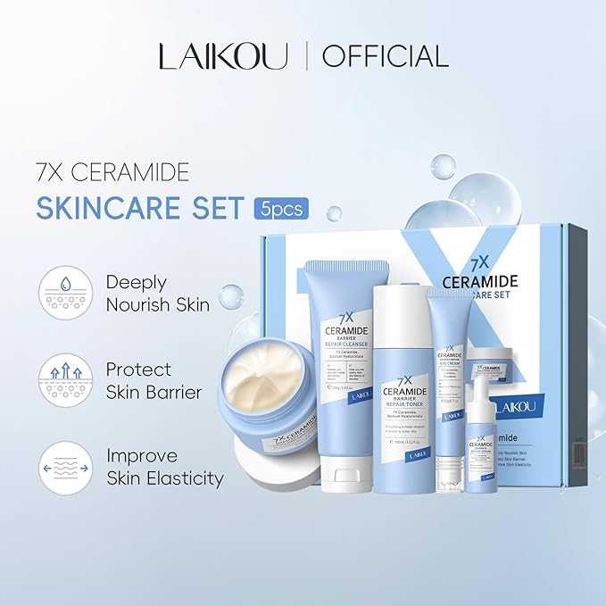 LAIKOU Skin Care Set, Skin Care Routine Kit for Women, Skincare Gift Set, Travel Size Toiletries with 7X CERAMIDE Cleanser, Toner, Serum, Eye Cream, Face Cream Mother's Day Christmas Birthday Daughter